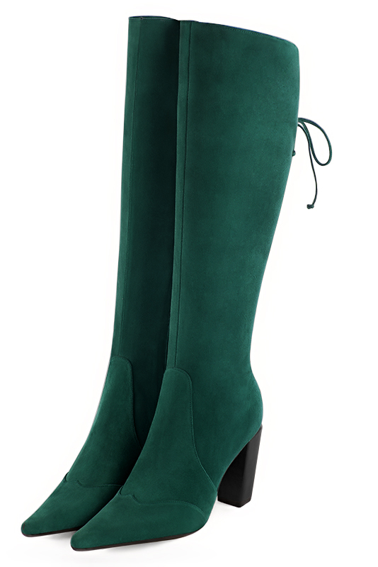Forest green women's knee-high boots, with laces at the back. Pointed toe. High block heels. Made to measure. Front view - Florence KOOIJMAN